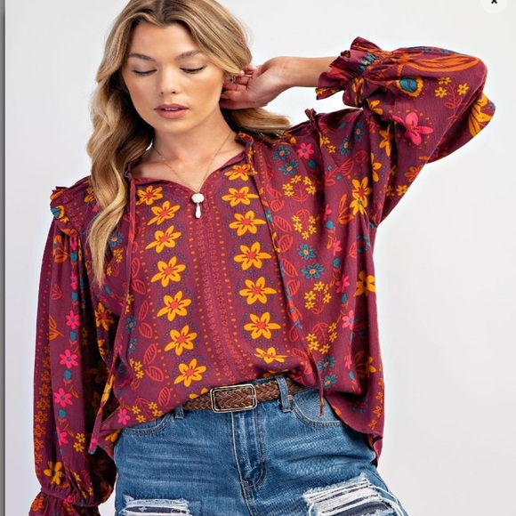 Easel PRINTED RAYON GAUZE WOVEN BLOUSE - Picture 2 of 3